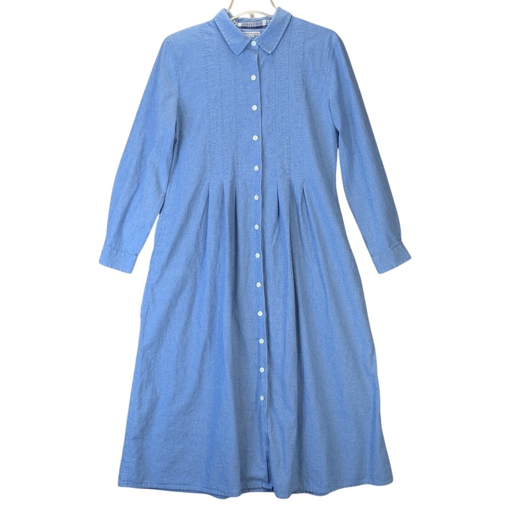 Vintage Talbots Womens 90s Minimalism Modest Midi Shirt Dress 14 Blue Cotton